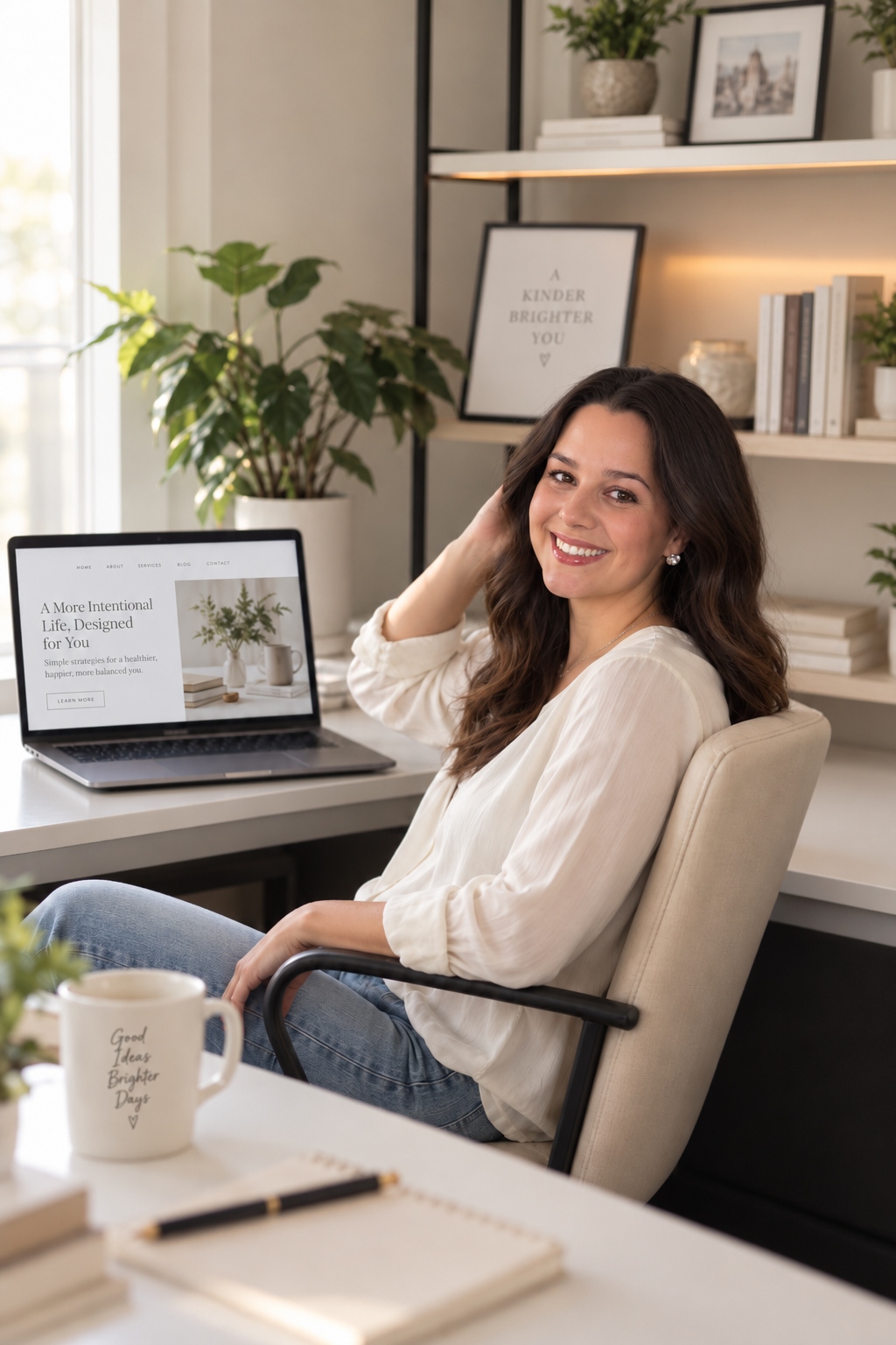 Vanessa Hart smiling at her desk beside her laptop.