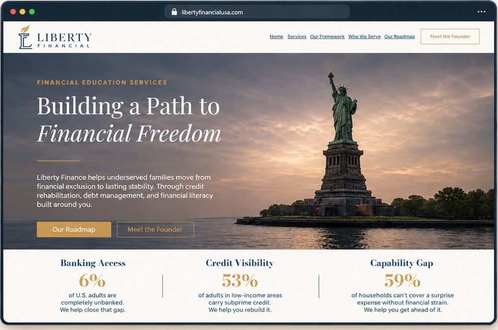 Liberty Financial website homepage showing the headline Building a Path to Financial Freedom over a Statue of Liberty photograph.