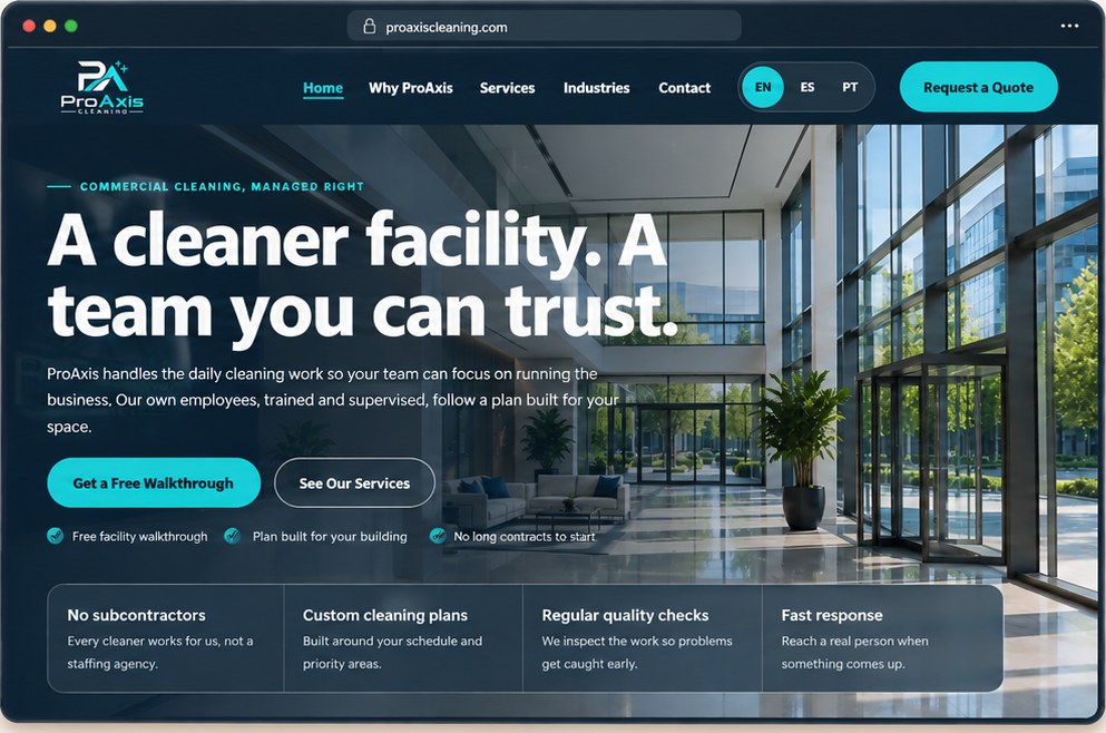 ProAxis Cleaning website homepage showing the headline A cleaner facility. A team you can trust. over a bright office lobby.